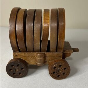 Vintage wood and cork covered wagon coaster set. With 5 cork coasters